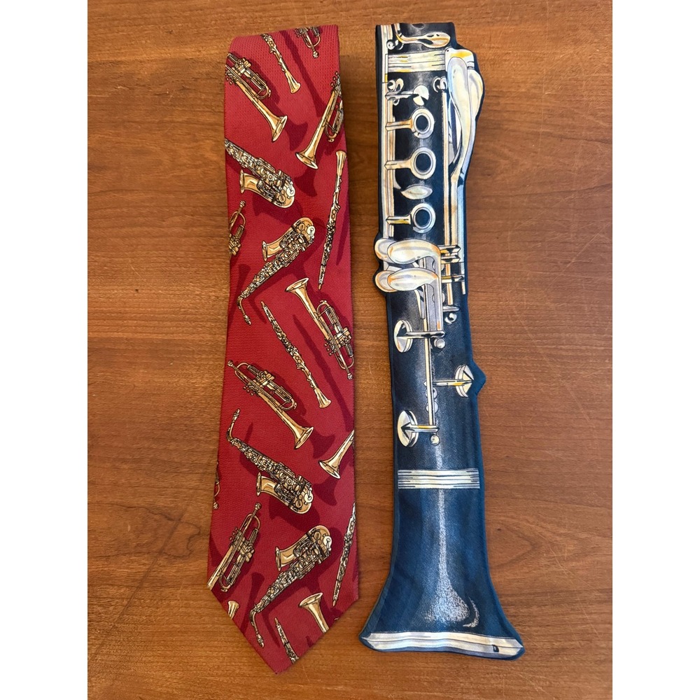 Musical Instrument Tie Lot Clarinet Shaped Novelty & Red Silk Saxophone Trumpet